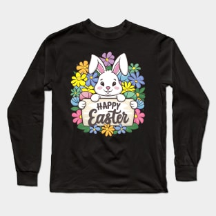 Happy Easter Bunny And Cat And Dog Mom Dad Boys Girls kids Long Sleeve T-Shirt